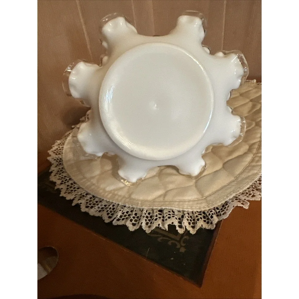 FENTON Milk Glass Silver Crest LARGE Ruffled Spanish Lace Brides Basket